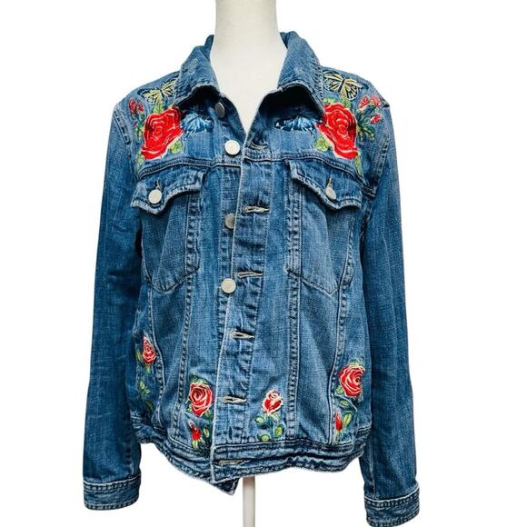Blank Jackets & Blazers - BLANK NYC Embroidered Floral Distressed Denim Jean Jacket Sz L